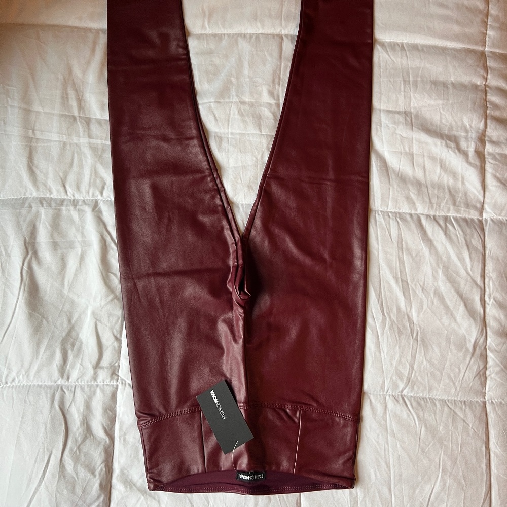 Faux Leather High Rise Tummy Tuck Leggings Burgundy Size Small